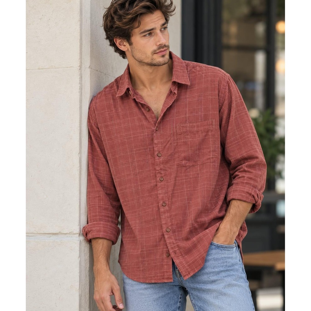 Statements Rust Windowpane Plaid Button Down Shirt Oversized Vintage